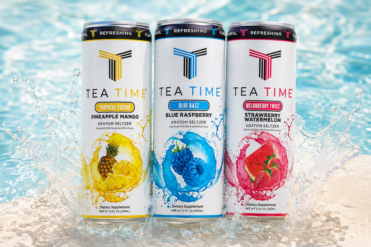 Tropical Fusion, Blue Razz and Melonberry Twist Tea Time Kratom Seltzer cans in splashing turquoise water