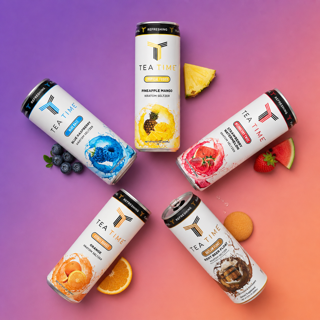 All five Tea Time Kratom Seltzer flavors: Blue Razz, Citrus Sunset, Melonberry Twist, Tropical Fusion, Outlaw Float