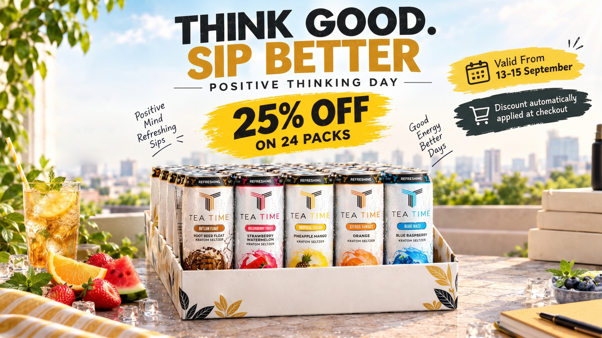 A promotional outdoor scene showing a tray of 24 TEA TIME beverage cans arranged on a table, with large sale text above reading 'THINK GOOD. SIP BETTER.
