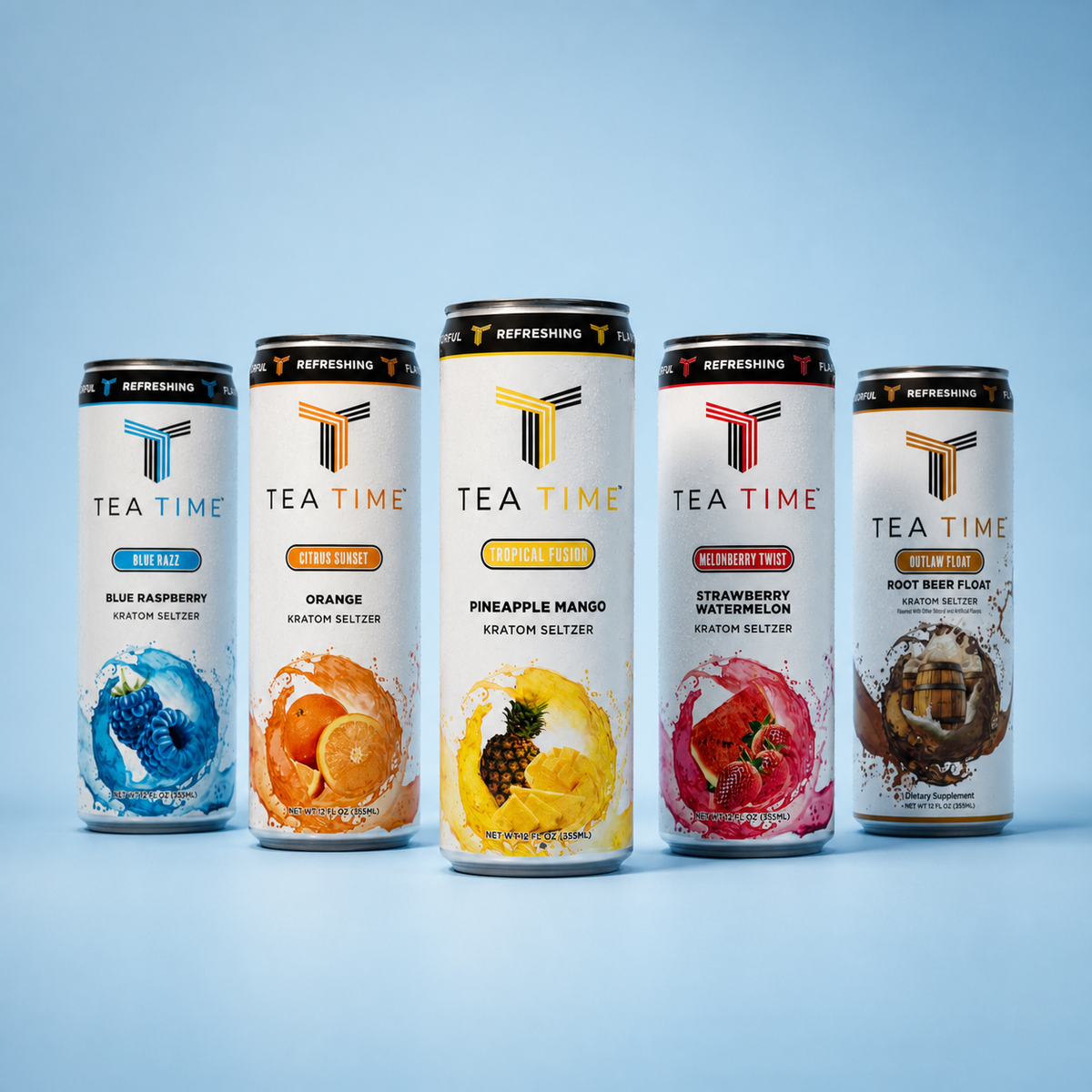Tea Time Kratom Seltzer five flavor cans lineup in studio