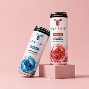 Tea Time Melonberry Twist and Blue Razz cans on pink blocks