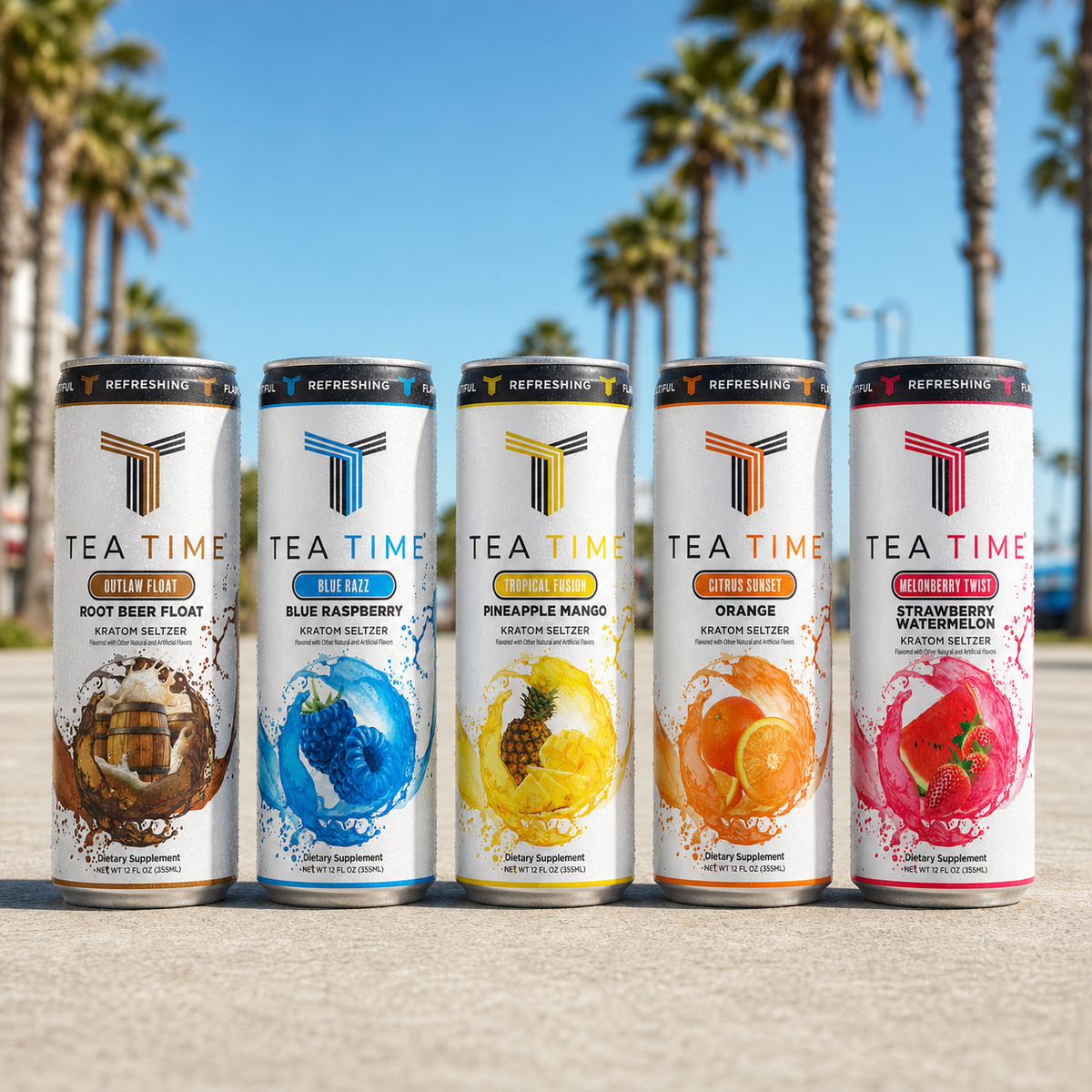 Outlaw Float, Blue Razz, Tropical Fusion, Citrus Sunset and Melonberry Twist Tea Time cans beneath a palm tree