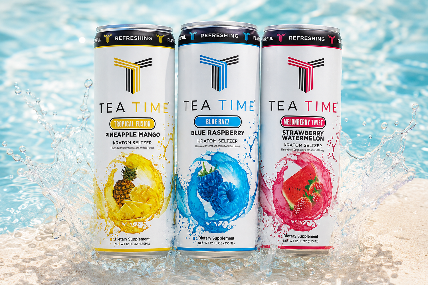 Tropical Fusion, Blue Razz and Melonberry Twist Tea Time Kratom Seltzer cans in splashing turquoise water